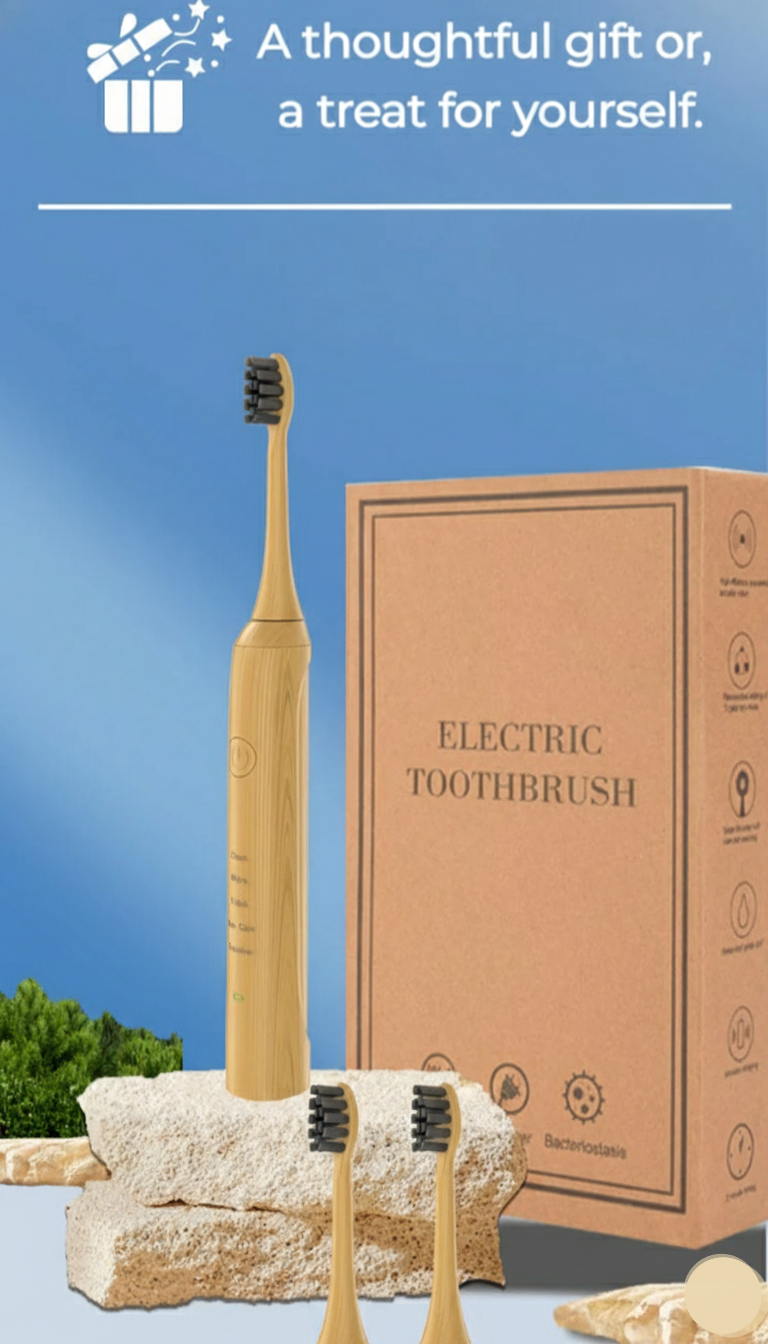 Electric toothbrush with packaging and cleaning cloths on a blue background