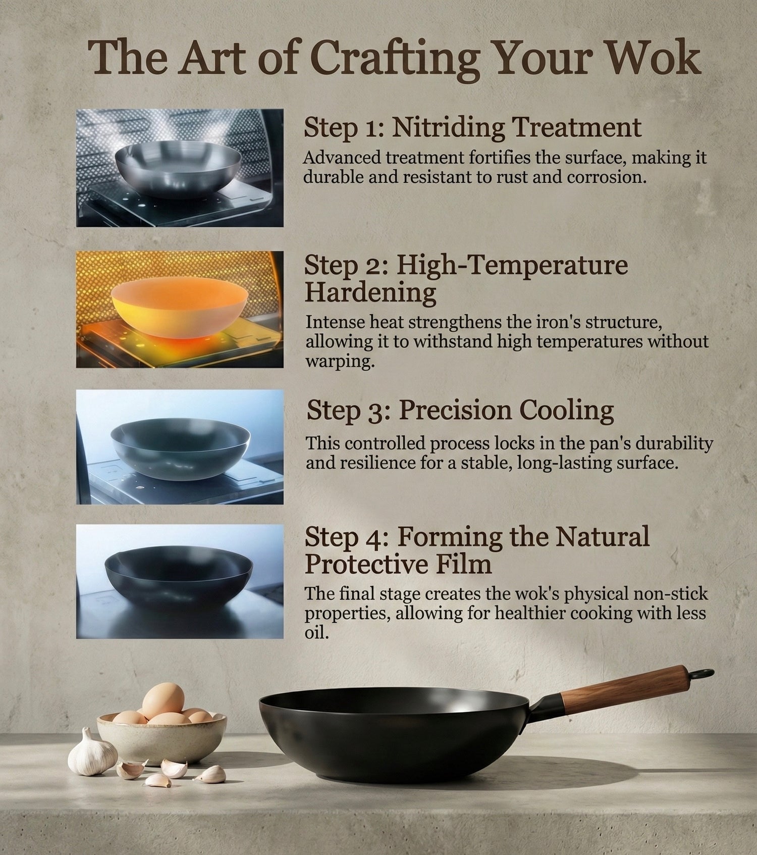 Infographic on the process of crafting a wok with images and text.