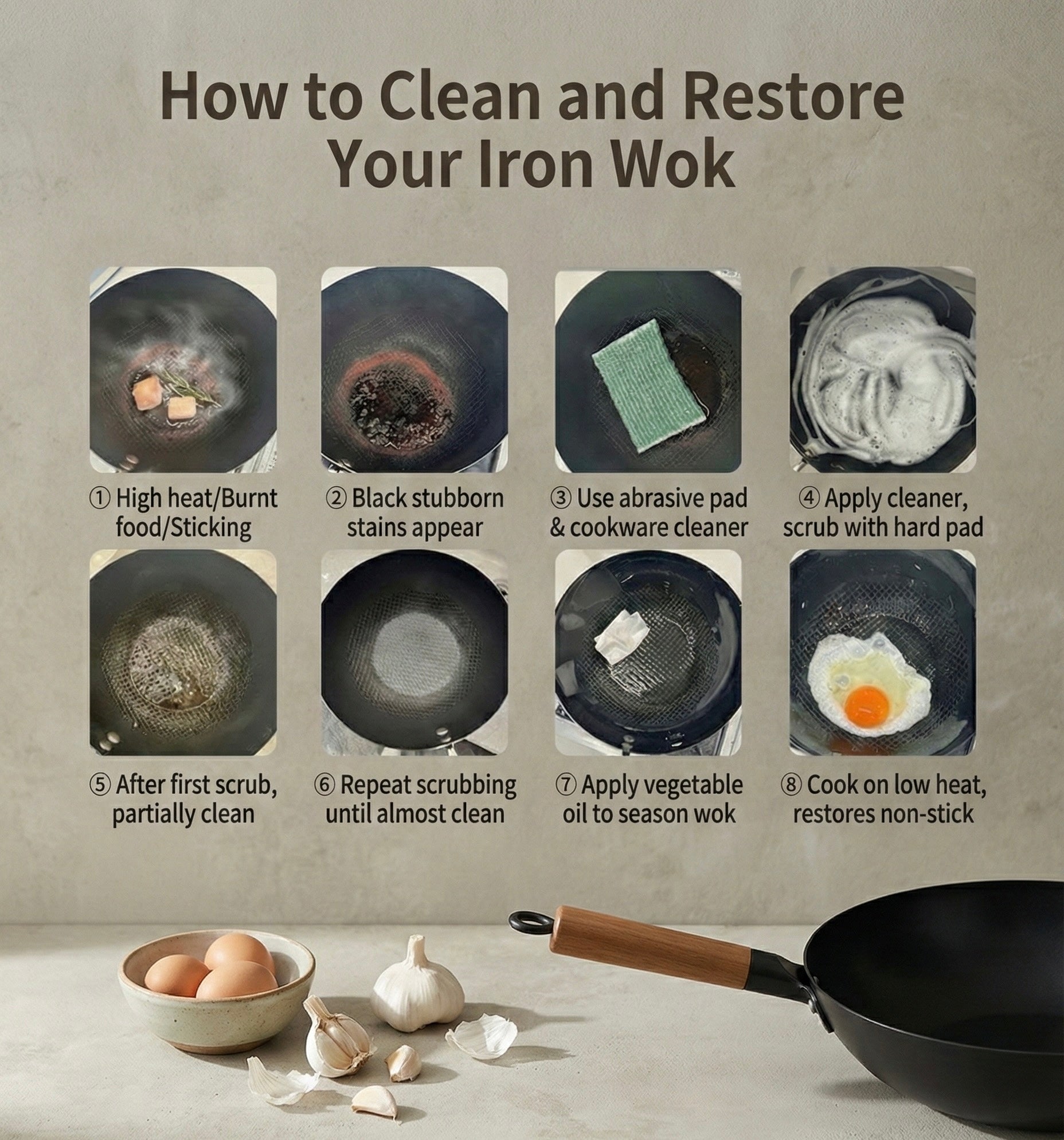 Step-by-step guide on cleaning and restoring an iron wok with images and text.