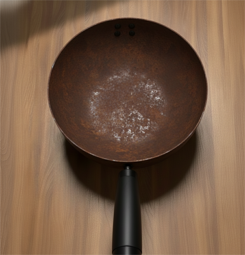 Rust-colored frying pan with a black handle on a wooden surface