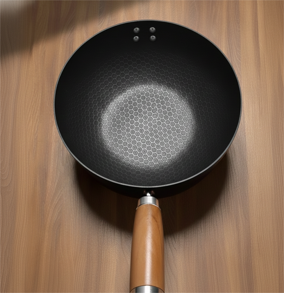 Black frying pan with wooden handle on a wooden surface