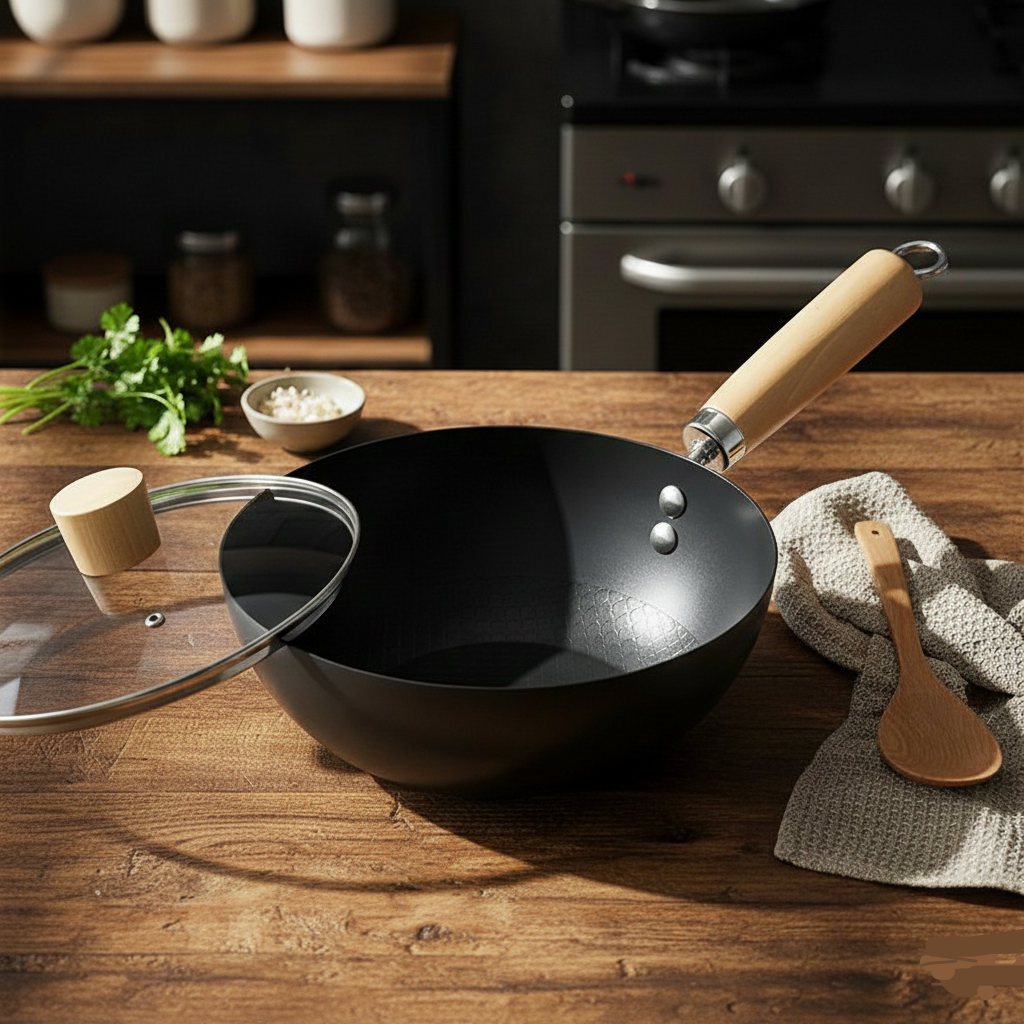 Nitride iron wok with a glass lid resting on a wooden table next to fresh ingredients, ready for family cooking.