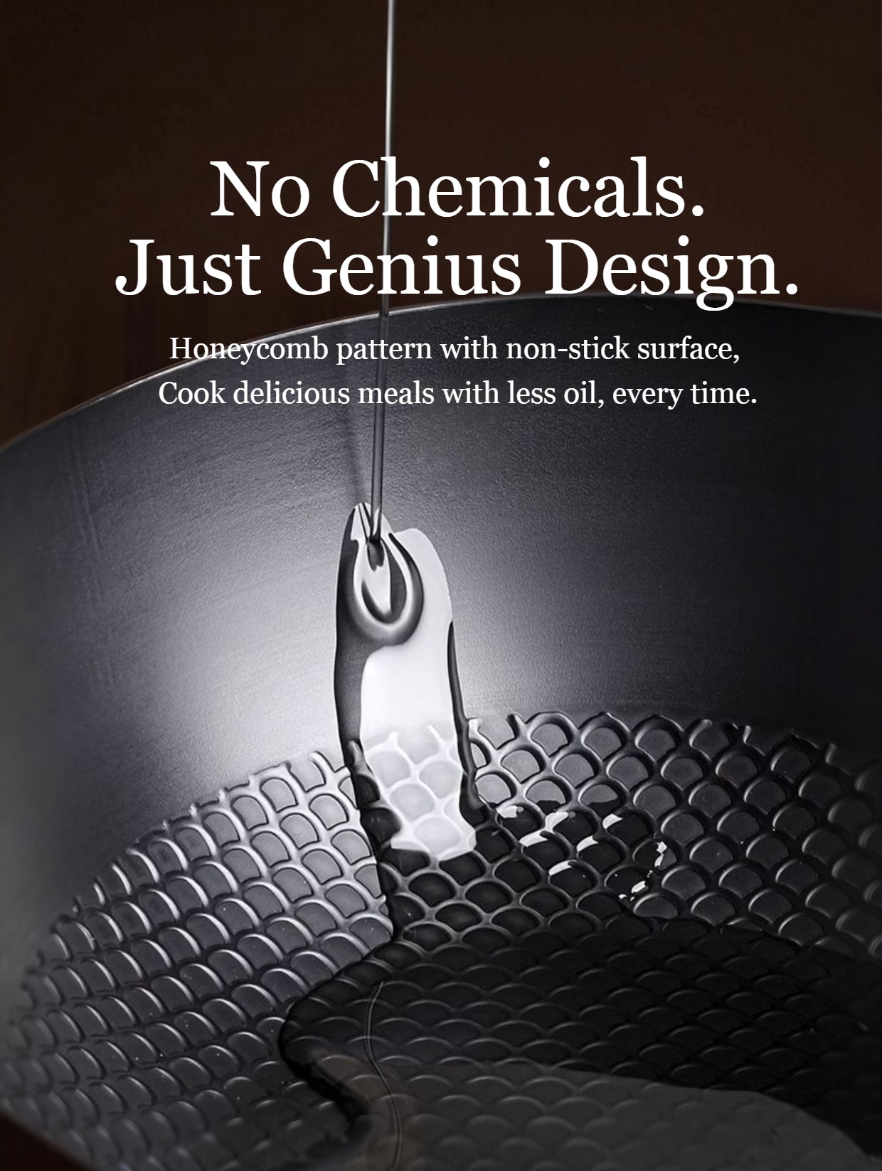 Close-up of oil pouring into a chemical-free iron wok with a honeycomb pattern, illustrating the non-stick surface that allows cooking with less oil.
