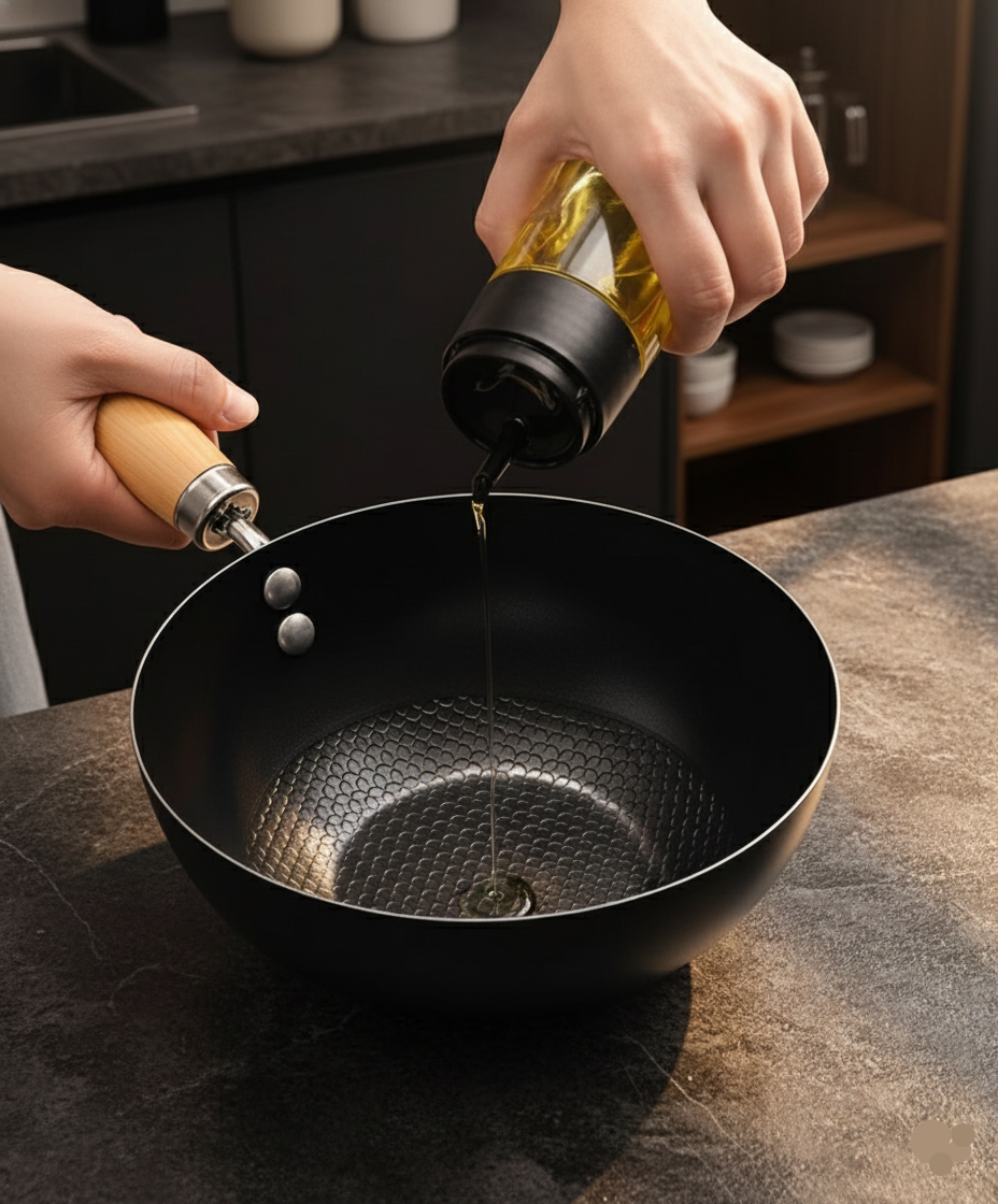 Pouring cooking oil into a nitride iron wok, highlighting the chemical-free non-stick surface designed for healthy cooking.